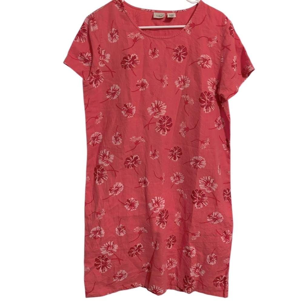 Vintage L.L. Bean Women’s Pink Floral 100% Linen Short Sleeve Dress Size 8‎